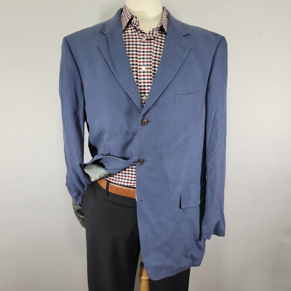 Bill Blass Men's Sport Coat Blazer Three Button Blue Herringbone SILK Size 44L